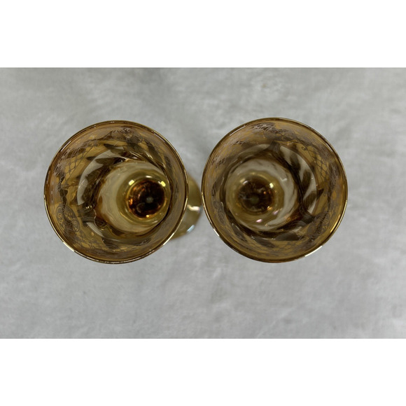 Amber Iridescent 8.25” Glass Flutes with Gold Patterned Overlay Heavy Charity - Picture 5 of 9